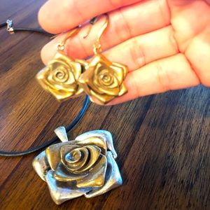 Necklace and earring set, two tone rose (gold/silver)